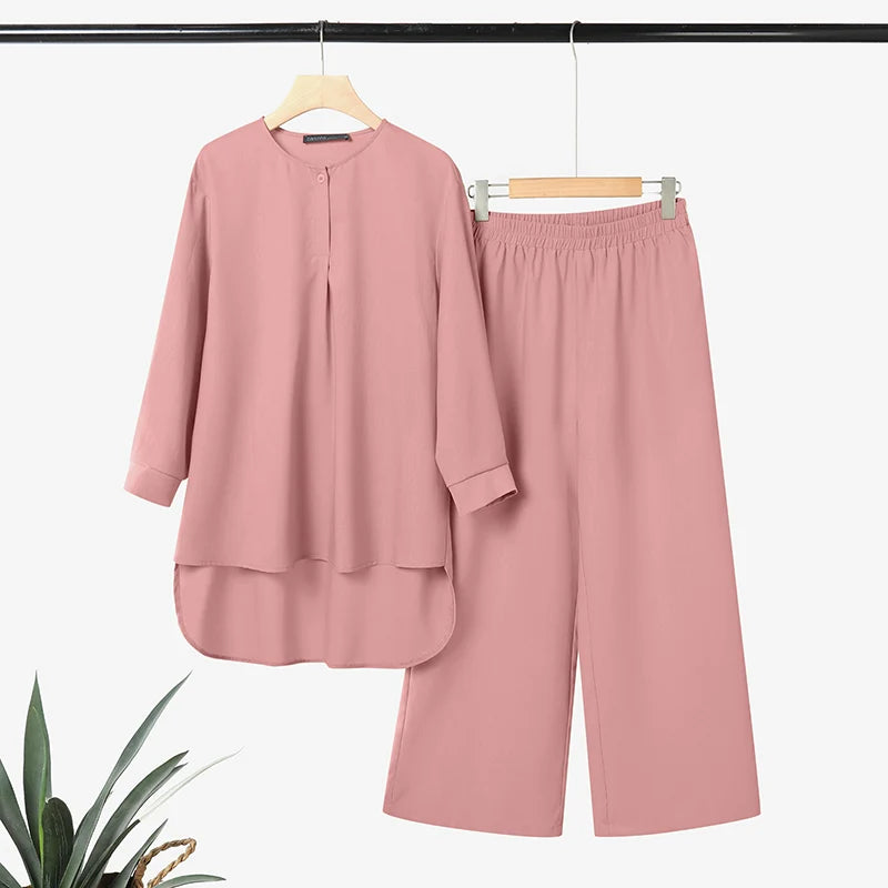 ZANZEA Women 2026 Spring Matching Sets Fahion Long Sleeve Tops Pant Sets Muslim Ramadan Outfits Elegant Solid OL Work Tracksuit