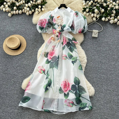 Chic vintage Sexy print mesh Spliced Fairy Summer  Women Boho Sundress women clothing Long dress