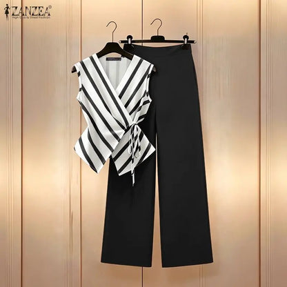 ZANZEA Fashion Summer V Neck Sleeveless Striped Tanks Tops Pants Sets Women Matching Sets Casual OL Work Outfits 2 Pieces Sets
