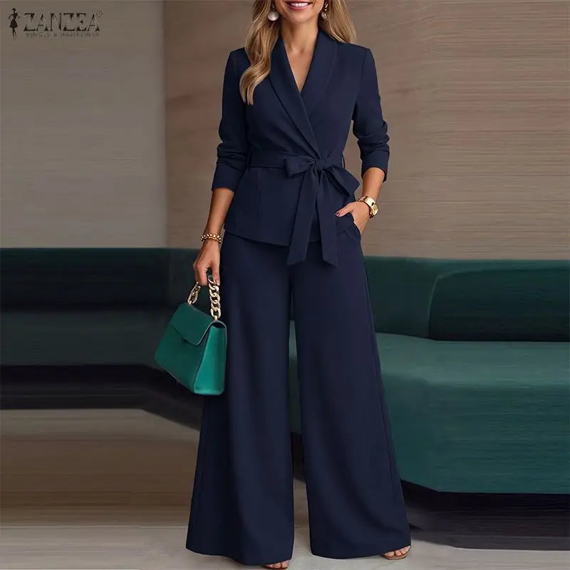 ZANZEA Women Pant Sets Elegant Office Wide Leg Pants Suit Long Sleeve Belted Solid Matching Sets Two-piece Outfits 2PCS