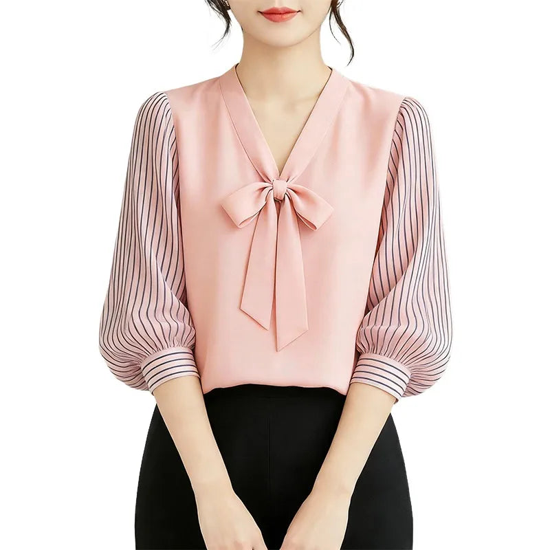 ZANZEA Women's Elegant Bow Tie Neck Blouses Summer Striped 3/4 Puff Sleeve Patchwork Casual Tops Office Commute Blusas de Mujer