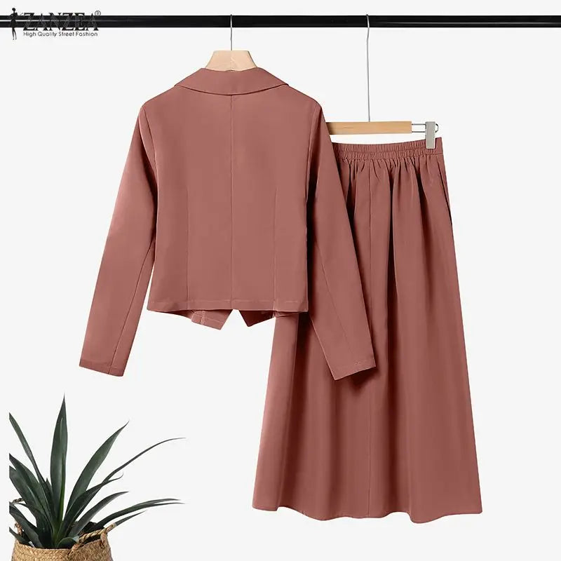 ZANZEA Elegant Women 2-Piece Skirt Suits Peak Lapel Long Sleeve Short Blazer & A-Line Midi Skirt 2pcs Sets 2026 Autumn Outfits