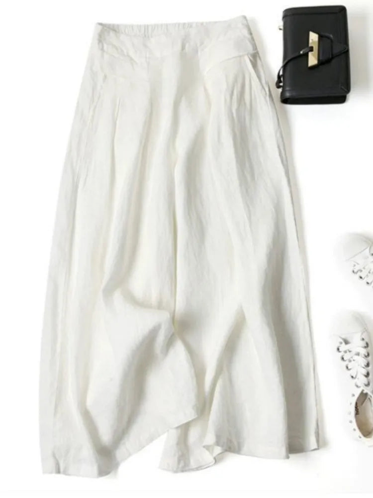 Y2K Lady Nine-point Pants Mid-rise Cotton Linen Wide-leg Large Size Trousers Loose Casual Commuting Daily Wear Tights Sweatpants