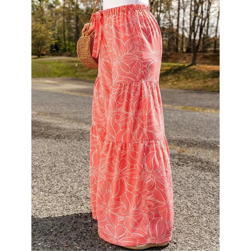 Summer Casual plus Size Wide Leg Long Pants Elegant Loose Comfortable Printed Elastic Waistband Tied Rope Fashionable