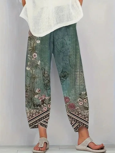 Plus Size Vintage Sketch Floral Capri Pants Elastic High Waist Border Print Cuffed Hem Loose Baggy Cropped Trousers Soft Breatha