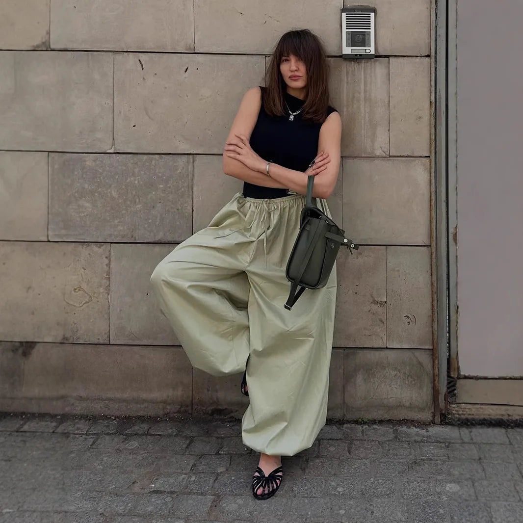 2026 Autumn Womens 100% Cotton Loose Lantern Style Wide Leg Pants Street Style Casual Lazy Pants Fashion Trousers Black