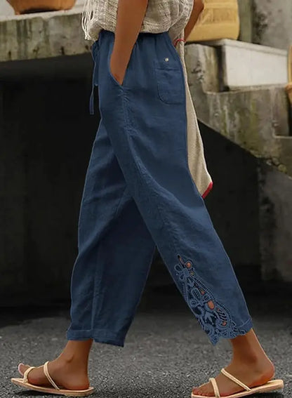 2026 Women's Pants Elastic Waist Solid Color Lace Spliced Drawstring Pocket Simple Fashion Basic Casual 9-point Pants