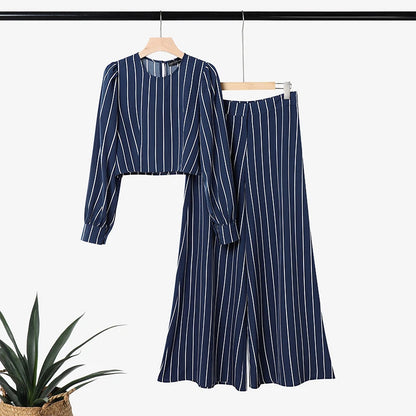 ZANZEA Autumn 2PCS Outfits Striped Work Pant Sets Stylish Women O Neck Long Sleeve Cropped Tops Wide Leg Trousers Matching Sets