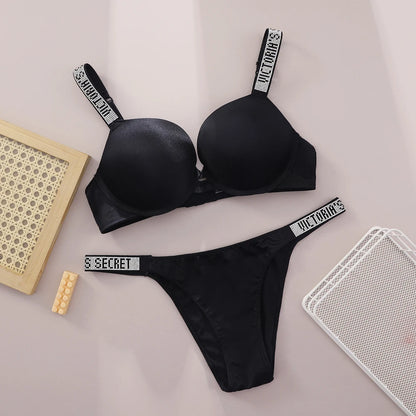 Victoria Secret Sexy Women Underwear Very Sexy Logo Shine Strap Push Up Bra Shine Script Thong Panty Set Hot
