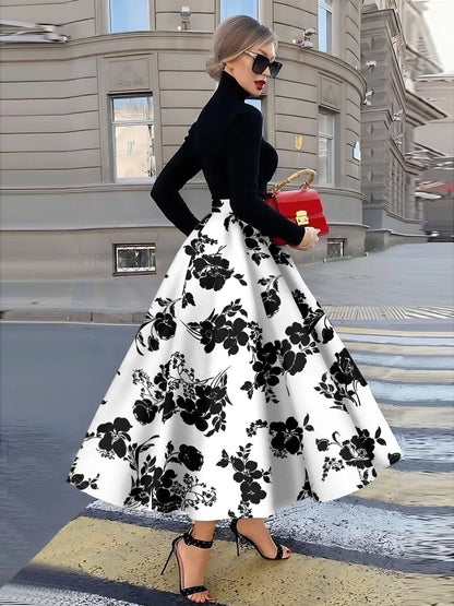 Four Seasons vacation style Black And White Floral Design half skirt