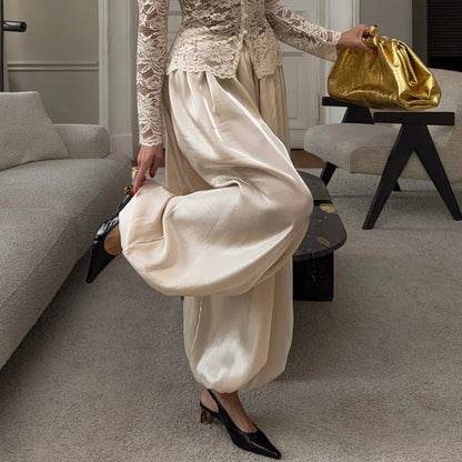 DNBS Satin Finish Women's Loose Balloon Pants, Elastic Cuffed Harem Trousers, Elegant Loungewear for Spring & Summer