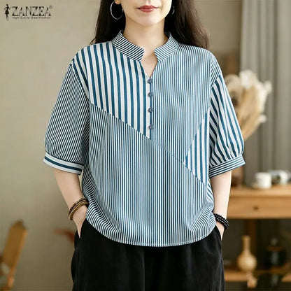 ZANZEA Casual Striped Patchwork Blouses for Woman Stand Collar Half Puff Sleeve Day Wear Tops Summer 2026 Loose Blusas de Mujer