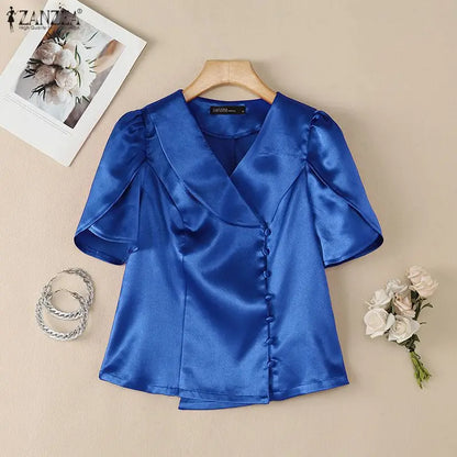 ZANZEA Woman Elegant Satin Shirts Summer Lapel Collar Asymmetric Placket Short Petal Sleeve Tops Vintage Party Chemises Femme
