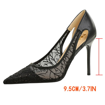 BIGTREE Shoes Women Pumps Hollow Lace Mesh High Heels Sexy Party Shoes Stiletto Heels 9.5 cm Pointed Tip Female Banquet Shoes