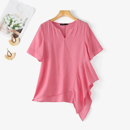 ZANZEA 2026 Woman Crinkled Fabric Asymmetrical Hem Blouses V-Neck Short Sleeve Solid Tops Summer Casual Daily Wear Blusas Mujer