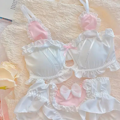 Japanese Cute Girl Lace Bra Set Hollow Sexy Sweet Rimless Underwear Bras for Women