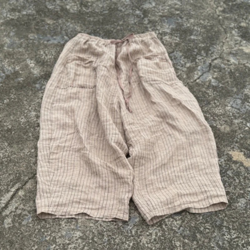 Women's Striped Linen Pants Autumn 2025 Wide Leg Vintage Style Loose Pants Pockets Breathable Woman Clothing Casual Trousers