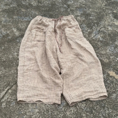 Women's Striped Linen Pants Autumn 2025 Wide Leg Vintage Style Loose Pants Pockets Breathable Woman Clothing Casual Trousers