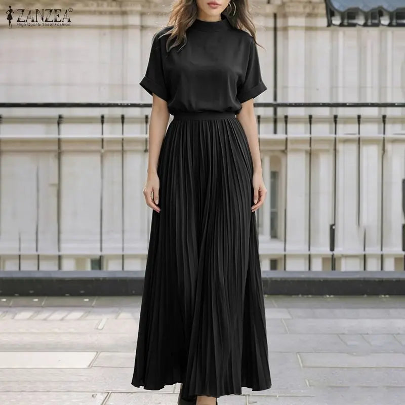 ZANZEA Women's Skirt Suits Mock Neck Short Sleeve Blouse & A-Line Pleated Maxi Skirt 2 Piece Sets Streetwear Skirt Sets Outfits