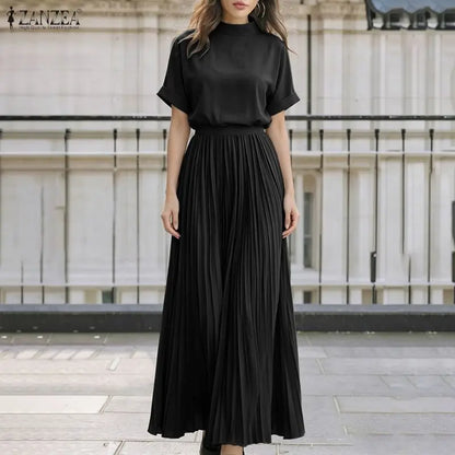 ZANZEA Women's Skirt Suits Mock Neck Short Sleeve Blouse & A-Line Pleated Maxi Skirt 2 Piece Sets Streetwear Skirt Sets Outfits