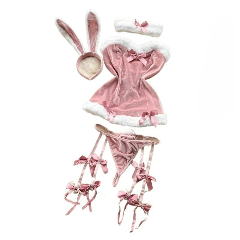 Sweet Red Bunny Lingerie Underwear Set Women Sexy Soft Plush Cute Bowknot Sweet Nightgowns Christmas Rabbit Cosplay Costumes New