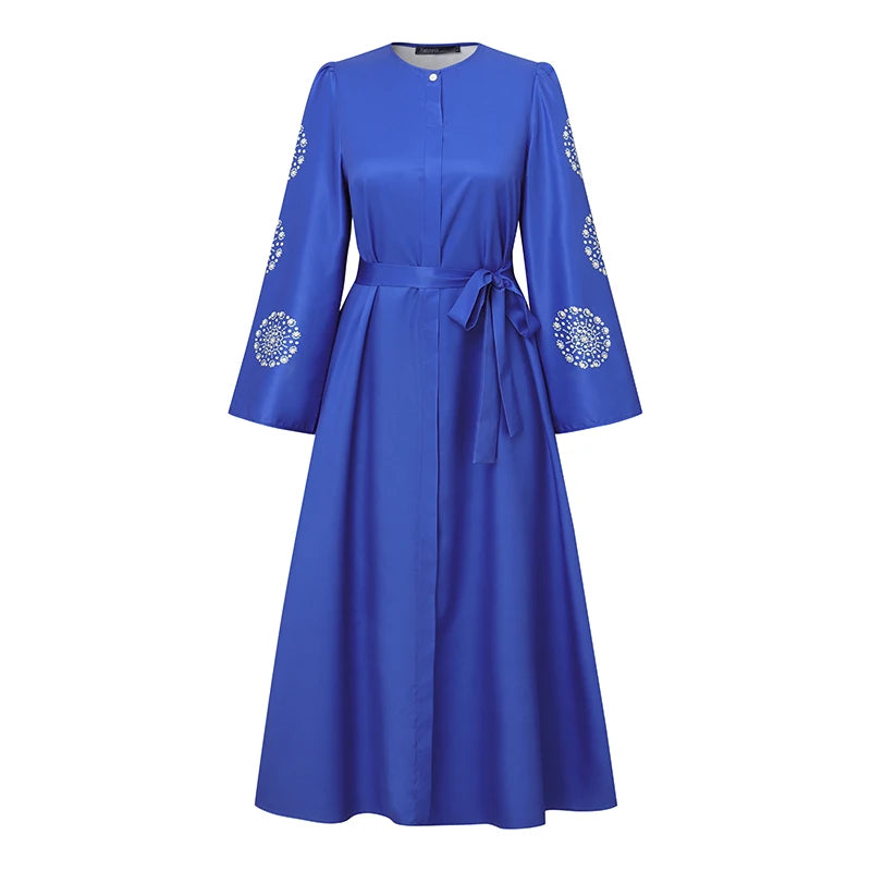 ZANZEA Fashion Women Long Sleeve Muslim Abaya Dresses Floral Printed Dress IsIamic Robe Casual Kaftan Belted Vestidos Ramadan
