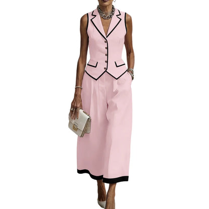ZANZEA Women Stylish Pant Sets Contrast-Color Lapel Collar Vest Tops & Wide Leg Cropped Pants 2 Piece Suits Elegant Work Outfits