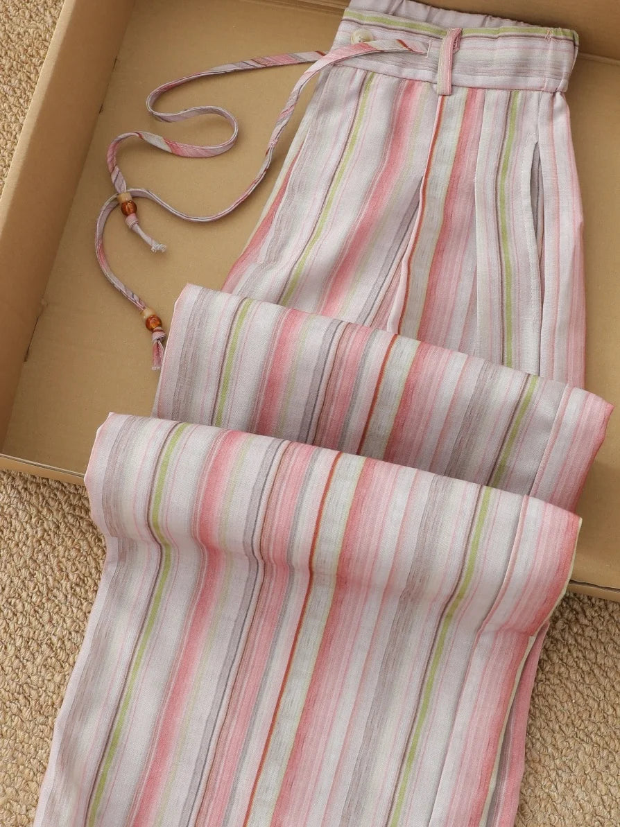 plus Size Straight Leg Pants Women Summer Korean Artistic Style Casual Slimming Stripe Wide Leg Trousers High Waist Flared Pants