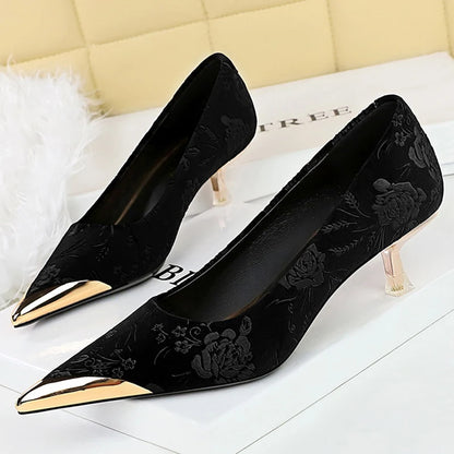 BIGTREE Shoes Women 4 Cm Heels Flower Embossing Women Pumps Metal Pointed Tip Middle Heel Shoes Stilettos Elegant Banquet Shoes