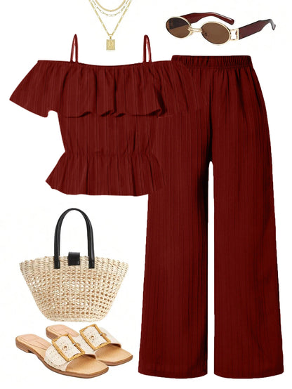 Girls Casual Long Pants Set Summer Fashion One-Shoulder Strap Top And Long Pants Outfit Suitable for Outdoor Scenarios