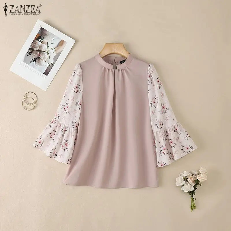 ZANZEA Summer Woman Elegant Blouses Vintage Stand Collar Floral Printed 3/4 Sleeve Pleated Tops Loose Casual Blusas de Mujer