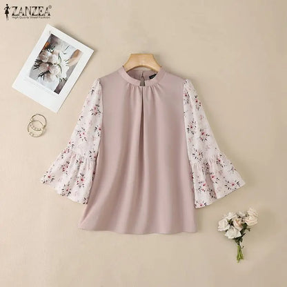 ZANZEA Summer Woman Elegant Blouses Vintage Stand Collar Floral Printed 3/4 Sleeve Pleated Tops Loose Casual Blusas de Mujer