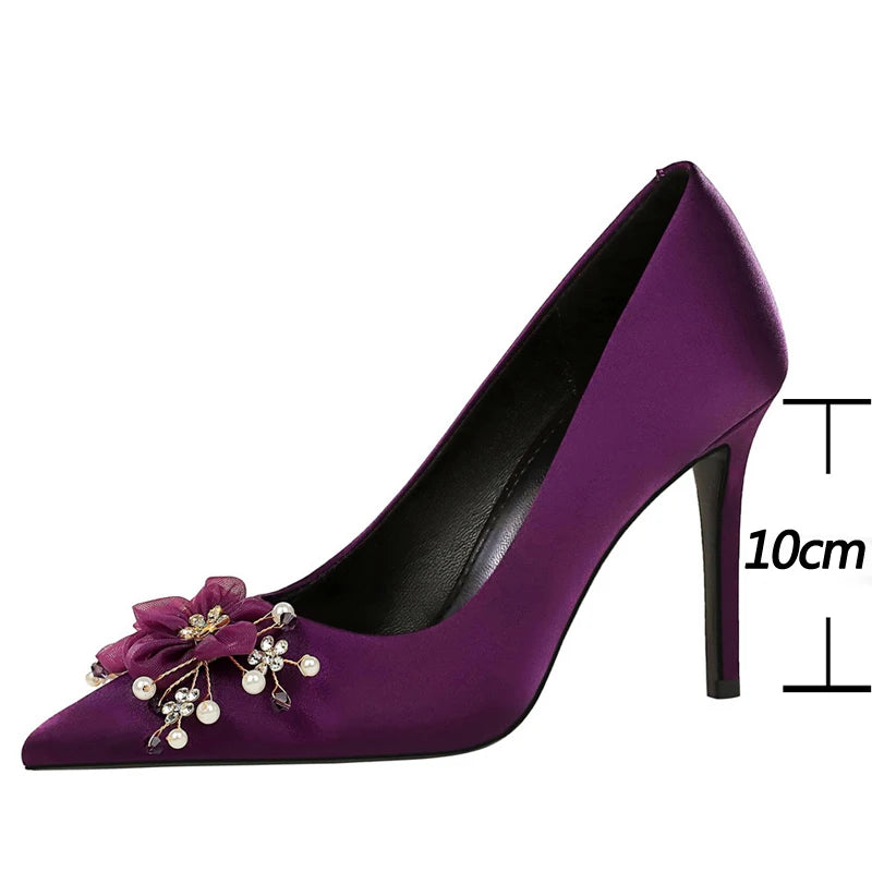 BIGTREE Shoes Flower Bead Design Women Pumps Silks Satins High Heels Luxury Banquet Shoes Stiletto Heels 10 Cm Ladies Shoes 2026