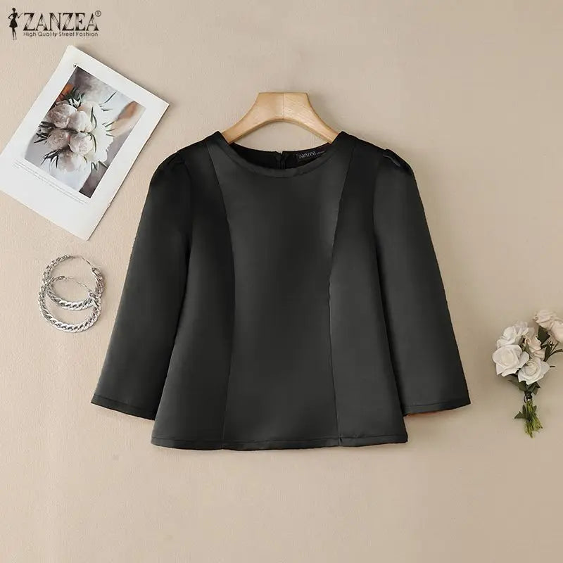 ZANZEA Women's Elegant Satin Blouses Retro O-Neck 3/4 Sleeve Back Zipper Slit-Fit Short Tops 2026 Spring Summer Woman Clothes
