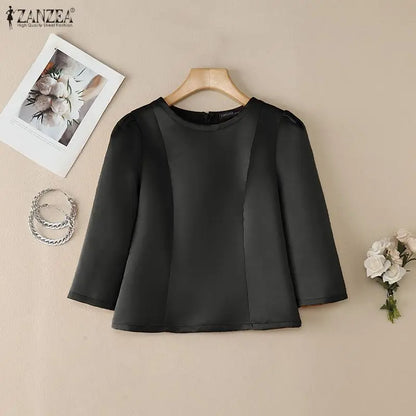 ZANZEA Women's Elegant Satin Blouses Retro O-Neck 3/4 Sleeve Back Zipper Slit-Fit Short Tops 2026 Spring Summer Woman Clothes