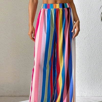 Popular Casual Women's Wear, Plus Size Elastic Waist Color Striped Pants, Loose and Comfortable Wide-Leg Pants, Long Style