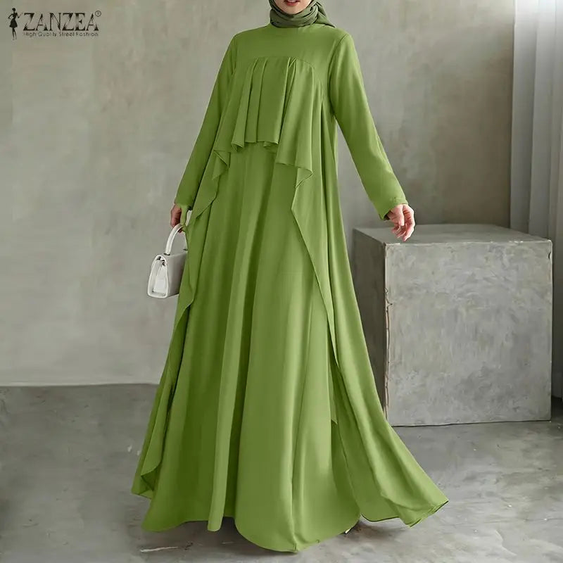 ZANZEA Women Elegant Long Sleeve Muslim Abaya Dress Robe Femme Stylish Ruffled Maxi Dresses Solid Loose Ramadan Sundress Kaftan