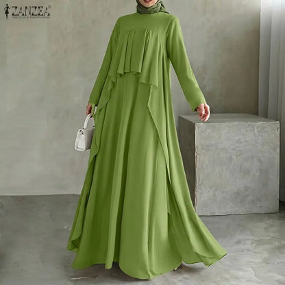ZANZEA Women Elegant Long Sleeve Muslim Abaya Dress Robe Femme Stylish Ruffled Maxi Dresses Solid Loose Ramadan Sundress Kaftan