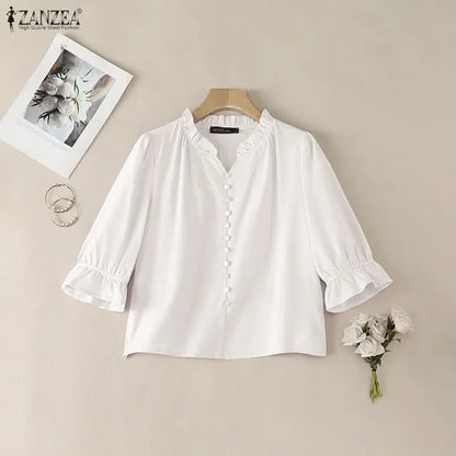 ZANZEA 2026 Women Cotton Linen Breathable Blouses Ruffled Trim V-Neck 3/4 Sleeve Thin Tops Summer Casual Solid Color Blusa Mujer