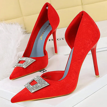BIGTREE Shoes Luxury Women Pumps Rhinestone High Heels 10.5 CM Stiletto Silks Satins Female Heels Sexy Party Shoes Women Pumps