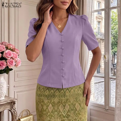 ZANZEA Elegant Woman Princess Seam Blouses Summer V-Neck Puff Sleeves Button Up Solid Short Tops Sophisticated Date Night Blusas