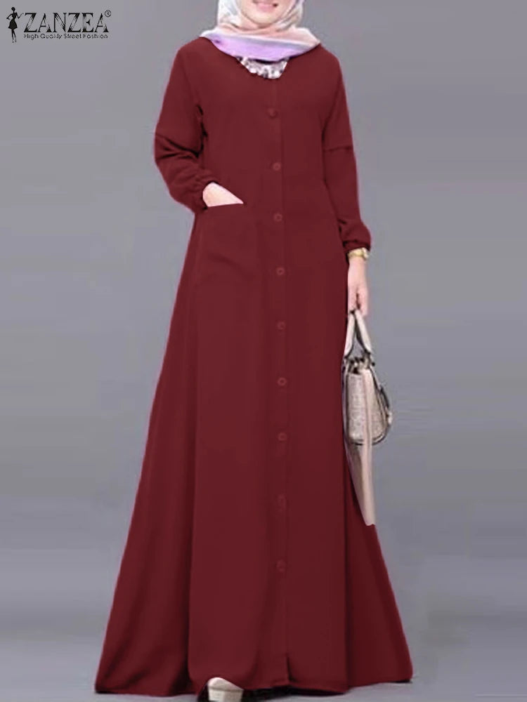 Women Autumn Muslim Dress ZANZEA Turkey Abaya Dubai Robe Elegant Long Sleeve Buttons Down Maxi Vestidos Kaftan IsIamic Clothing