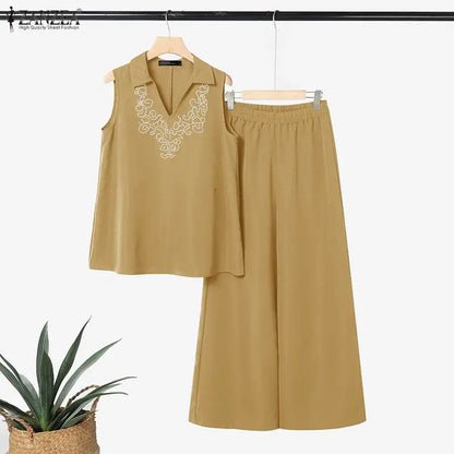 ZANZEA Fashion Summer 2 Pieces Sets Outfits Sleeveless Tanks Tops Pants Sets Women Floral Embroidered Blouse Trousers Suit 2026
