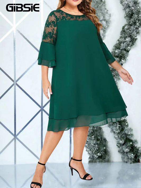 GIBSIE Plus Size Elegant Embroidered Mesh Patchwork Chiffon Dress Women Spring Summer O-Neck Flared Sleeve Layered Midi Dresses