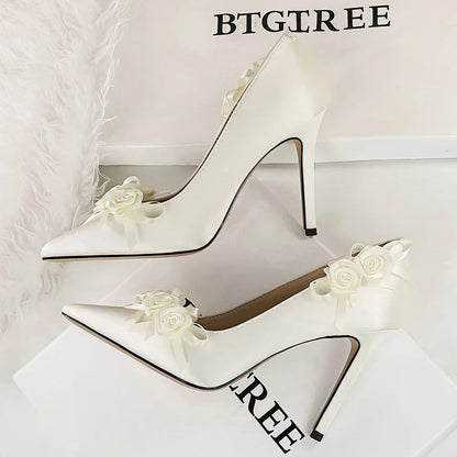 BIGTREE Shoes Lace Flower Women Pumps Silks Satins High Heels Stilettos 10 CM Fashion Wedding Shoes Female Pumps Party Shoes