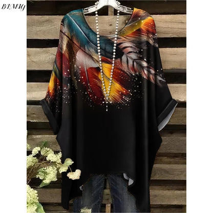 Bohemian Floral Tunic Plus Size Women's Bohemian Floral Print Tunic T-Shirt Short Sleeve Round Neck Casual Top Vibrant 2025