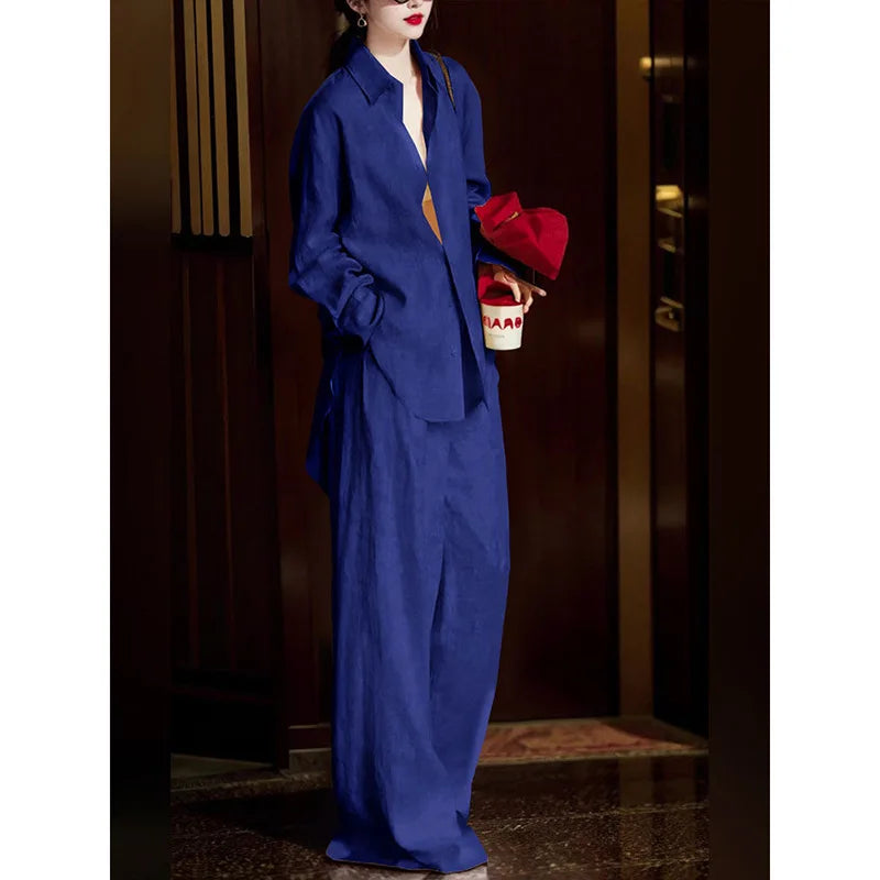 Pants Set Women Two Piece Sets Matching Sets Full Sleeve Shirt Wide Leg Long Pant Elastic Waist Y2k Streetwear Elegant Casual