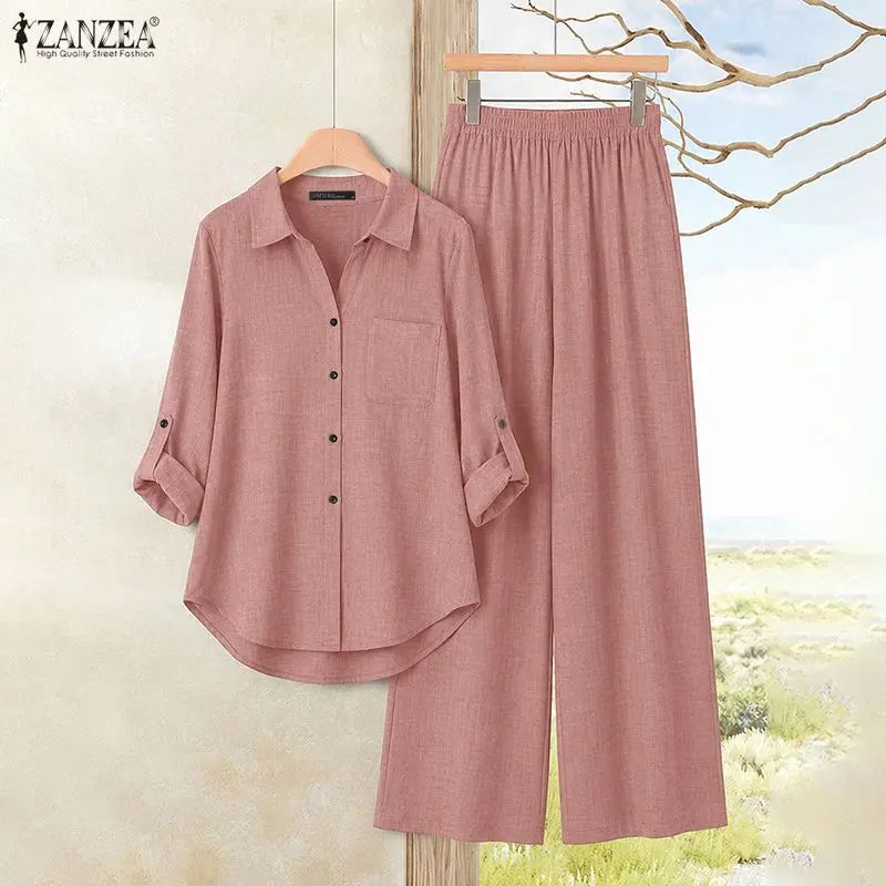 2026 Autumn Office Outfits ZANZEA Women Lapel Neck Long Sleeve Tops Pant Sets Casual Solid Color OL Work Tracksuit 2 Pieces Sets