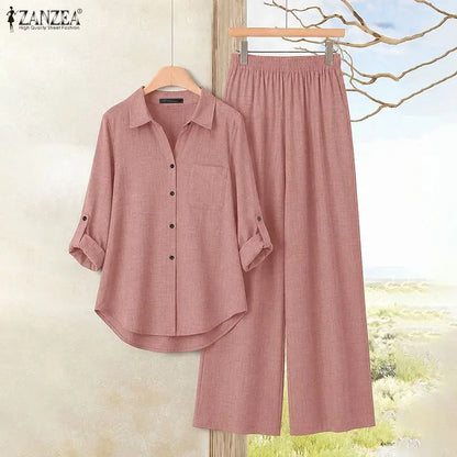 2026 Autumn Office Outfits ZANZEA Women Lapel Neck Long Sleeve Tops Pant Sets Casual Solid Color OL Work Tracksuit 2 Pieces Sets