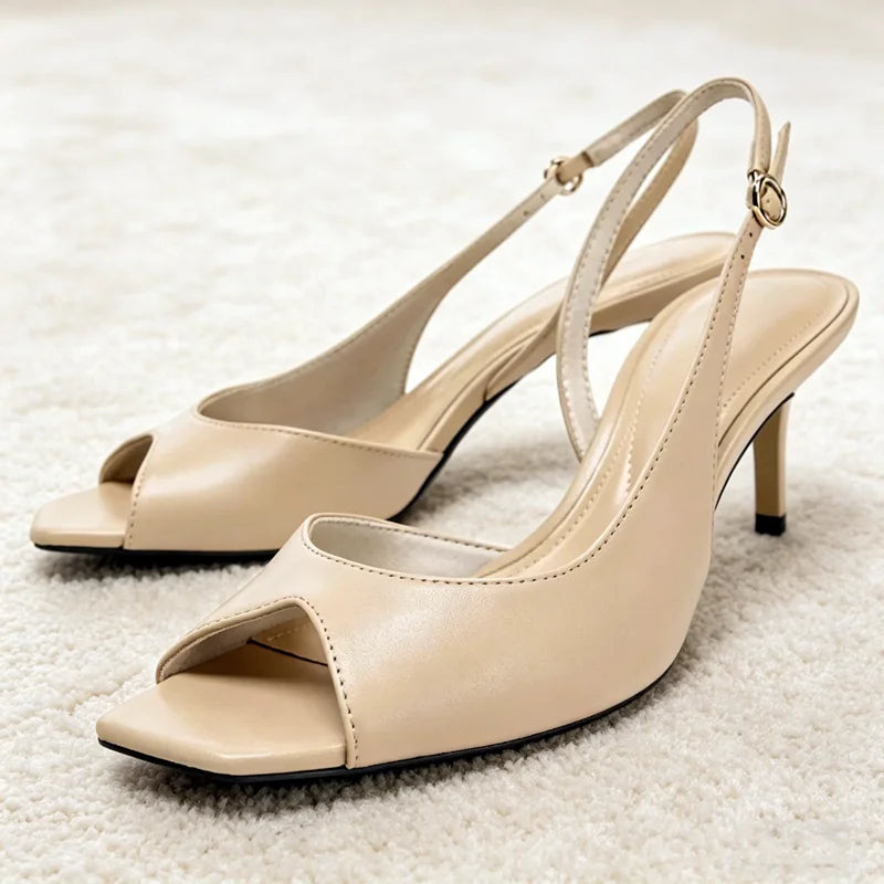Nude Soft Leather Pu Heeled Sandals Women Fashion Asymmetric Design Style Slingback High Heels for Ladies Elegant Women Shoes
